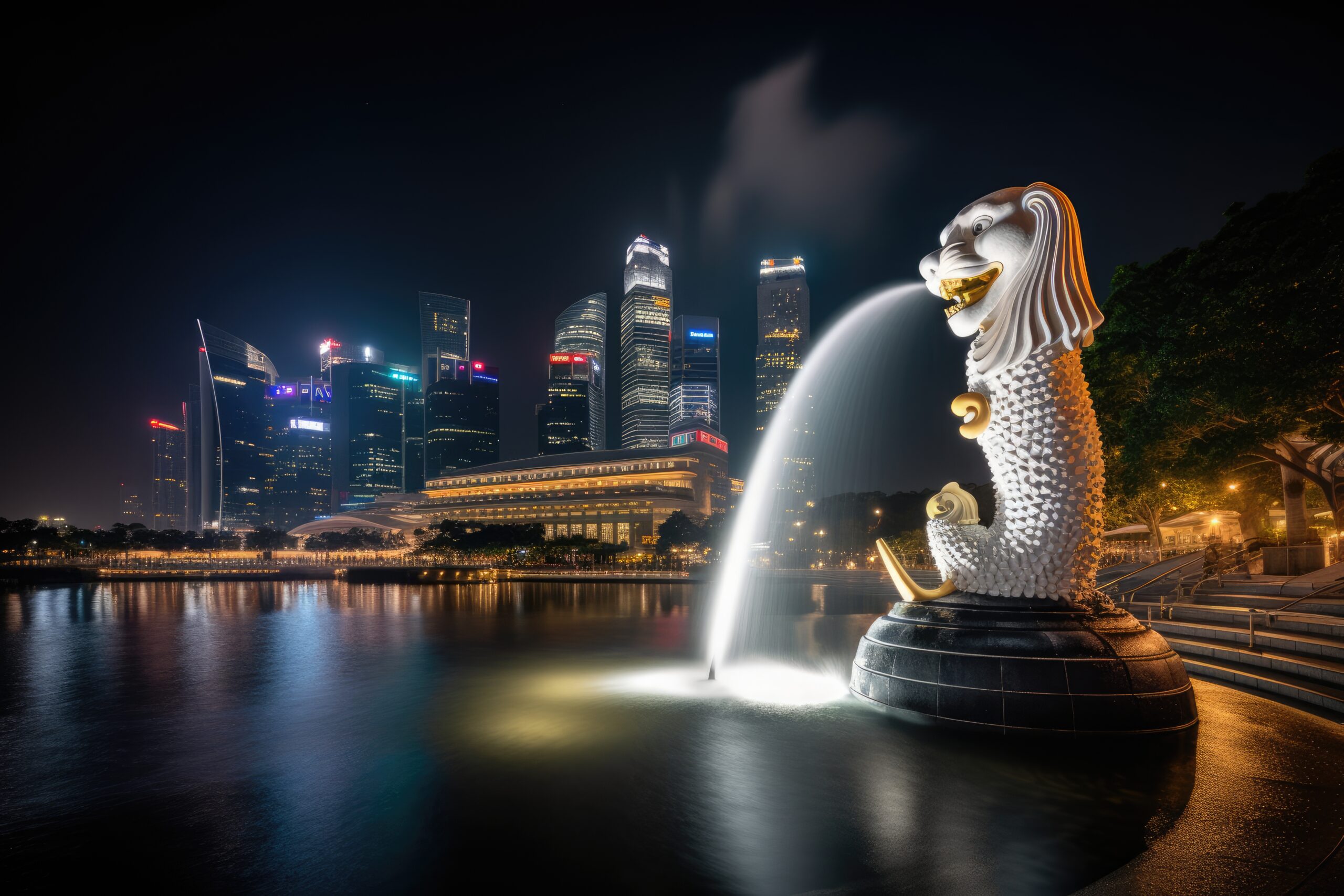 Singapore at night: Merlion, skyscrapers, Marina Bay Sands and Supertree Grove glowing., generative IA